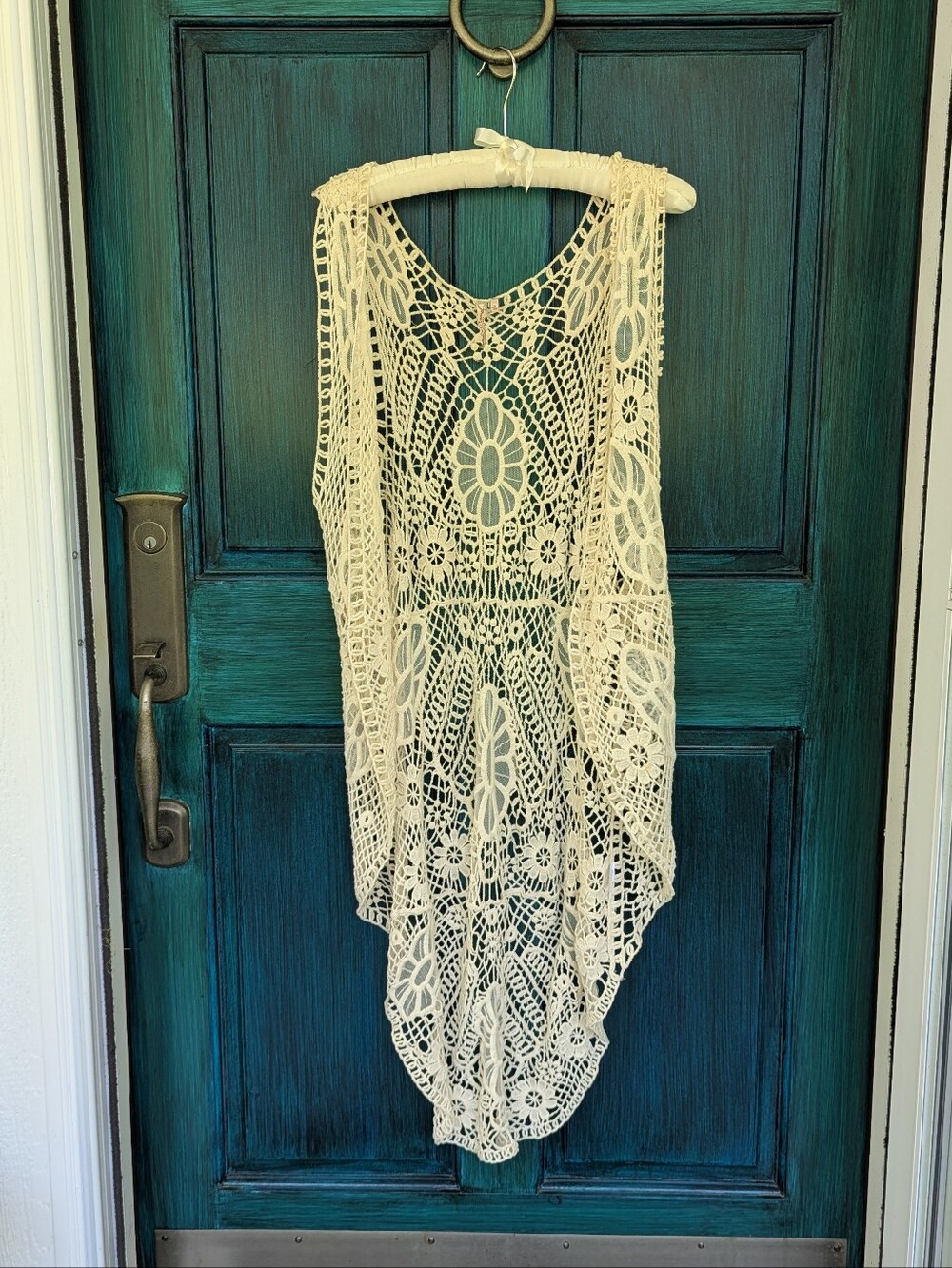 Ivory Cream Crochet Lace Boho Tunic Cover Up Long Overlay Vest | Small